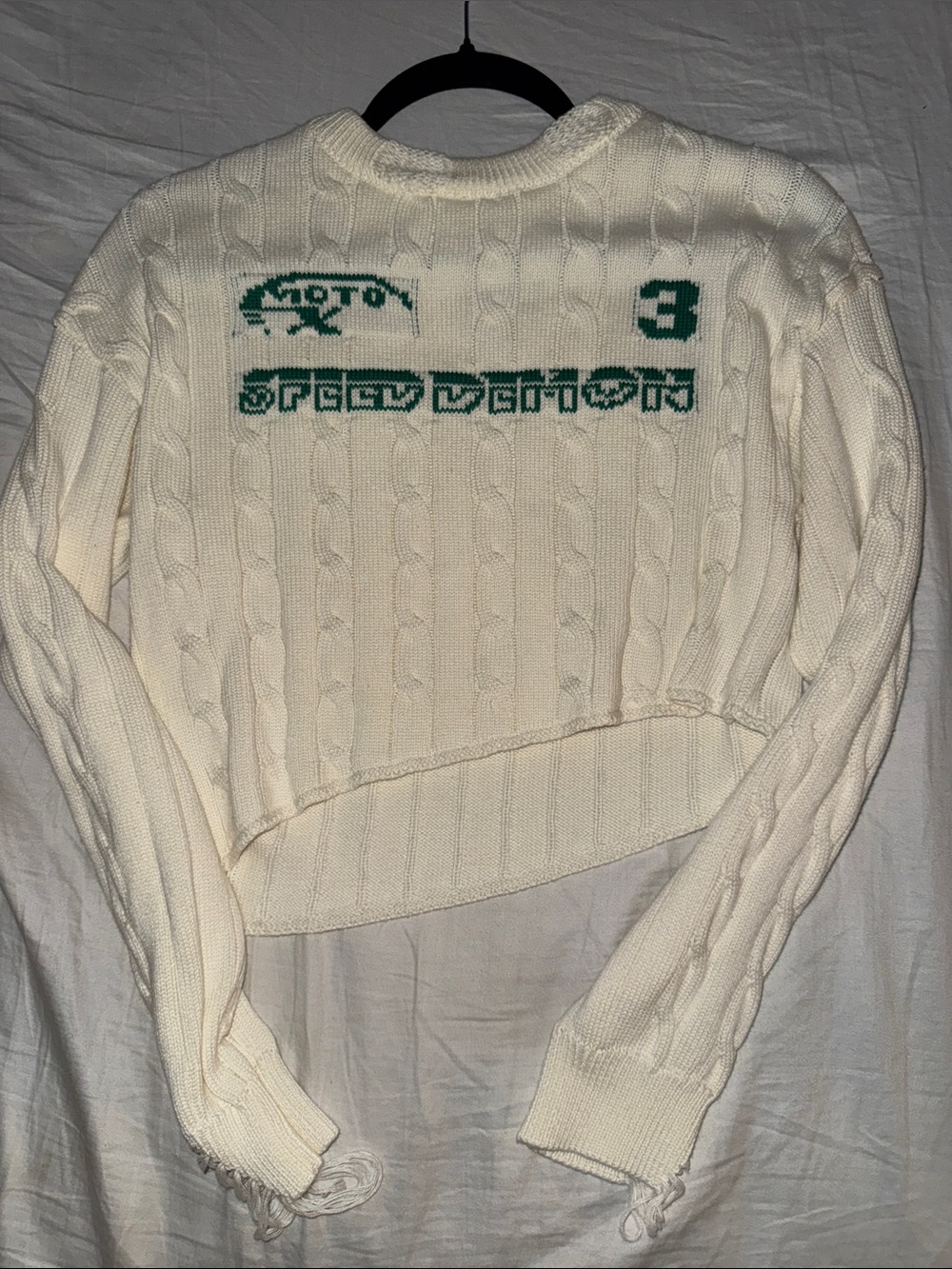 Cropped Cable Knit Crewneck Sweater in White with Green Logo